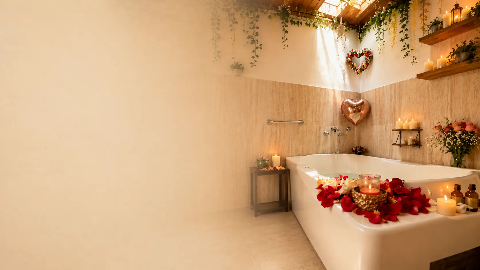 Jacuzzi de Tribbu SPA decorado con pétalos y velas